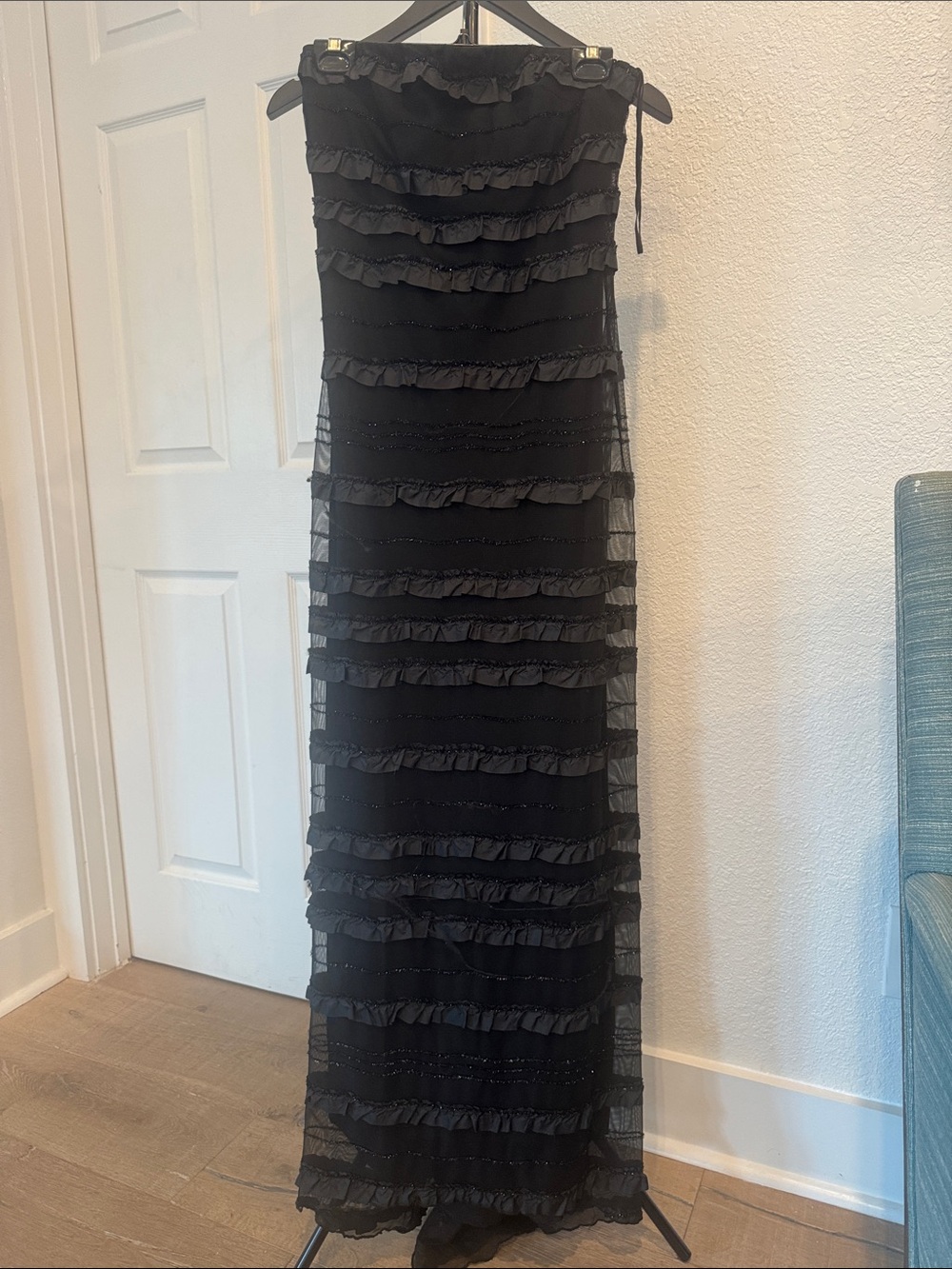 Bari Jay Black Ruffled Strapless Maxi Gown
